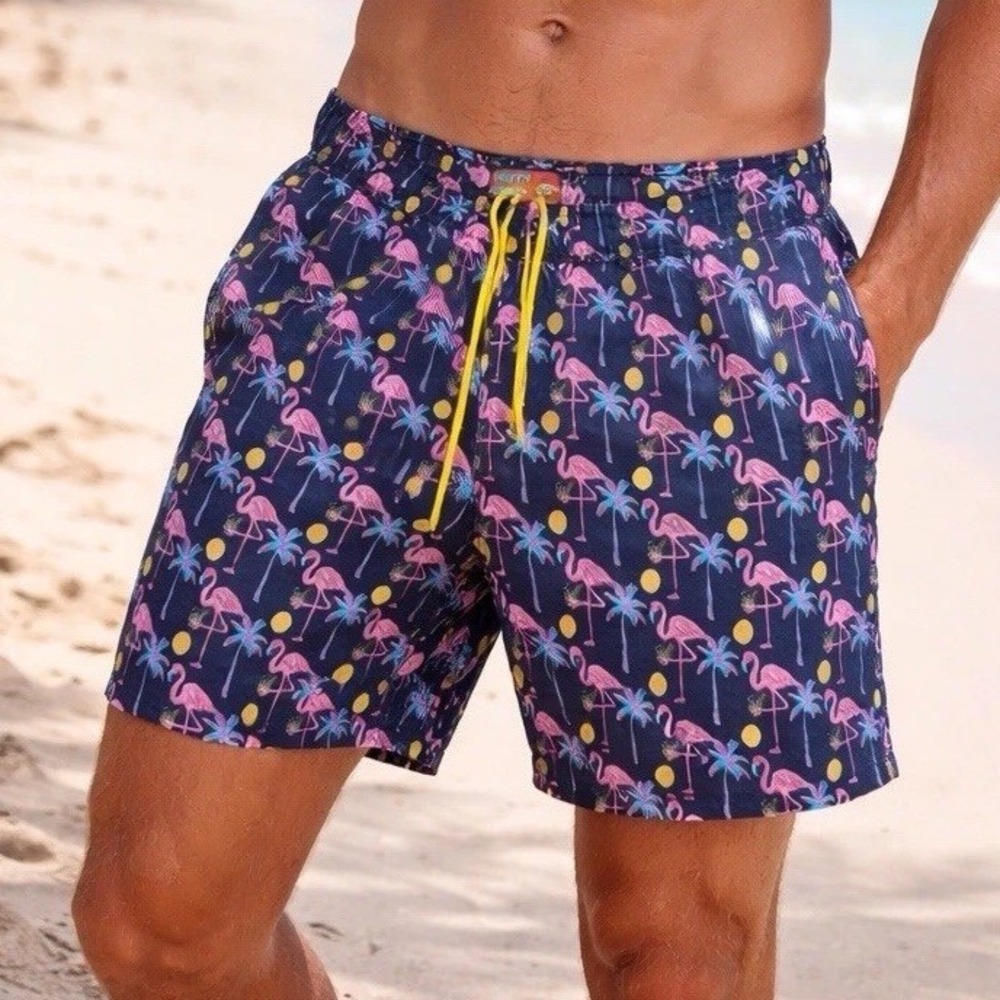 Party Sharks Swim Trunks Men Large Navy Blue Excellent Flamingo Tropical Print